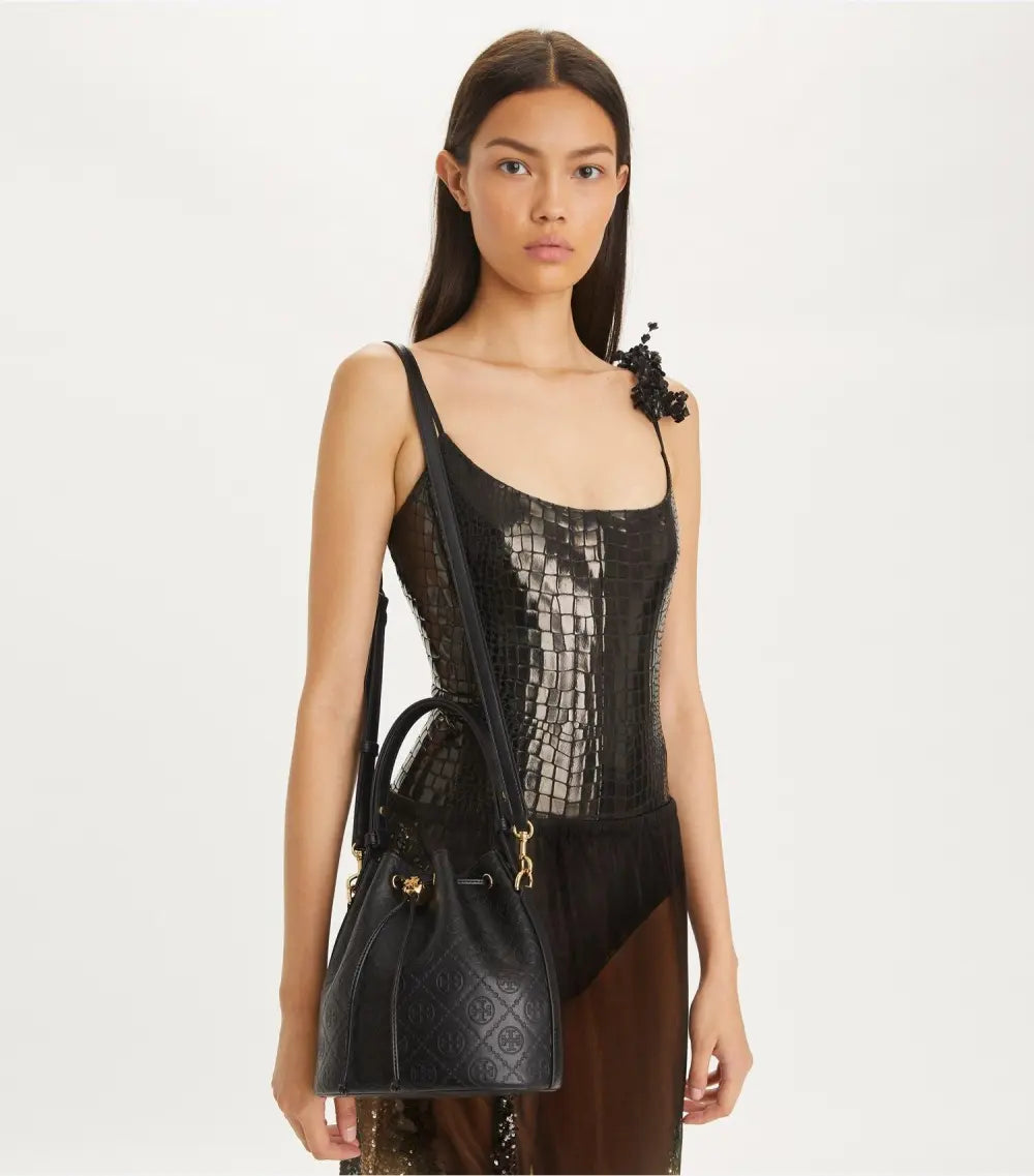 T Monogram Leather Bucket Bag