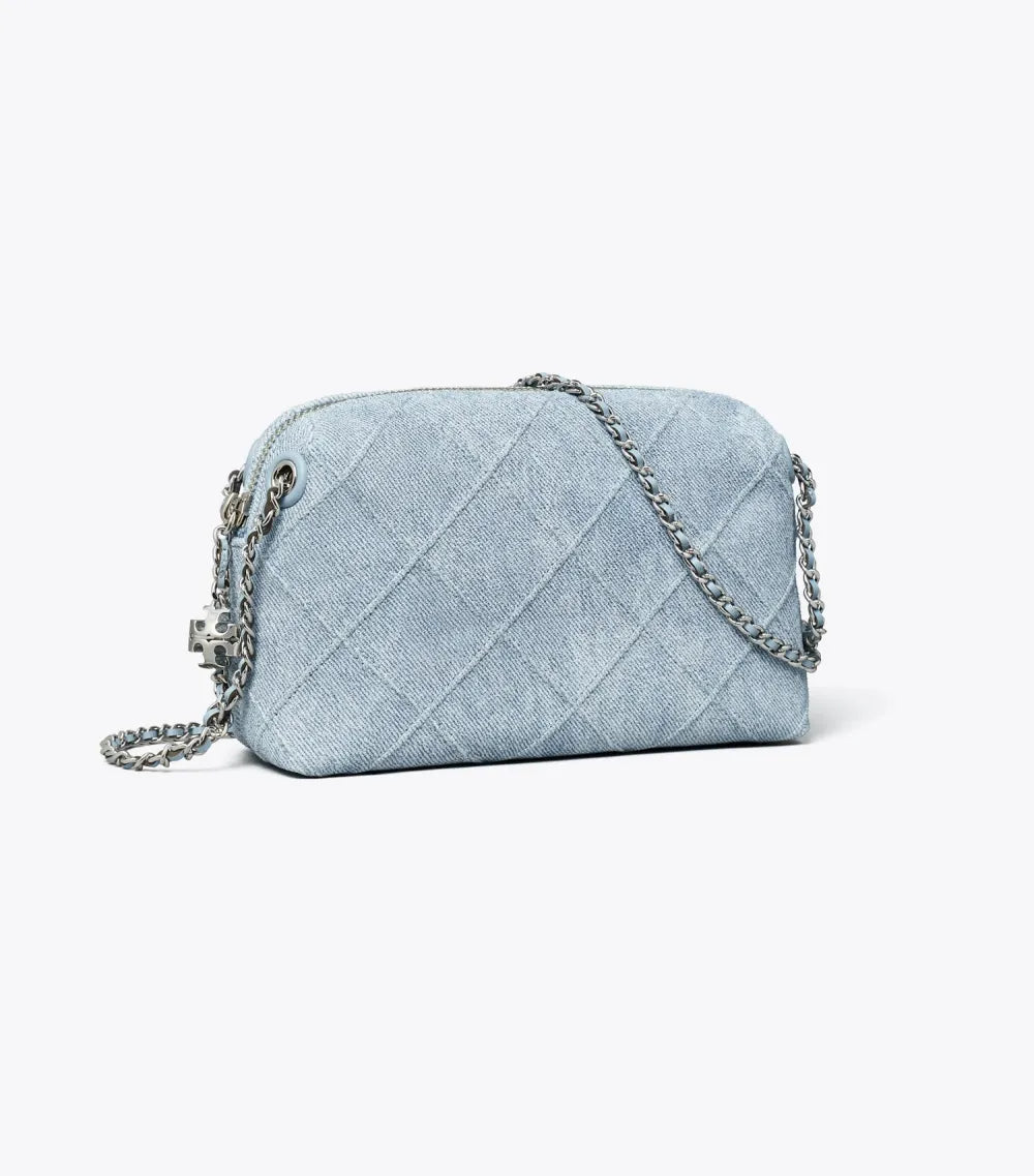 Fleming Soft Denim-Print Suede Crossbody Bag