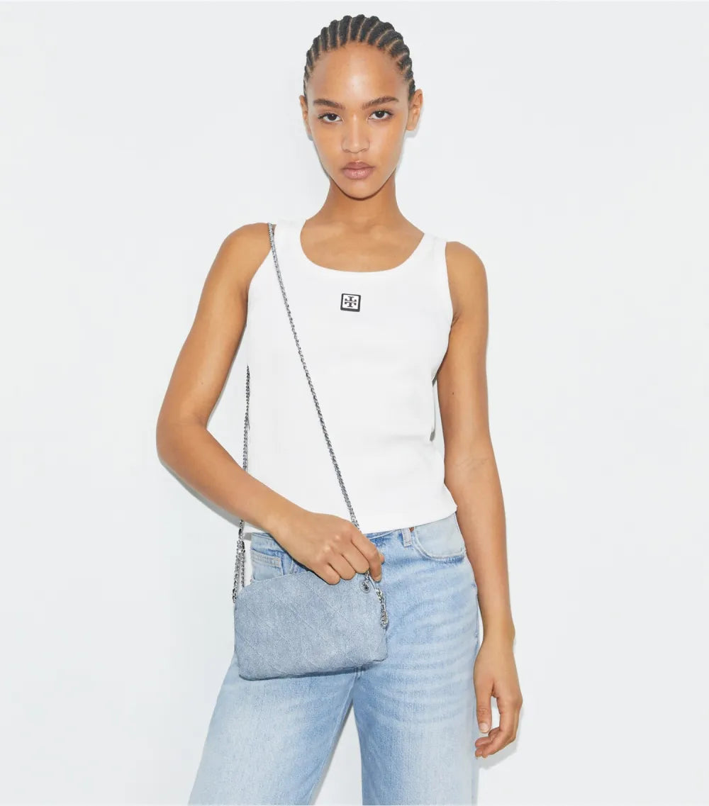 Fleming Soft Denim-Print Suede Crossbody Bag