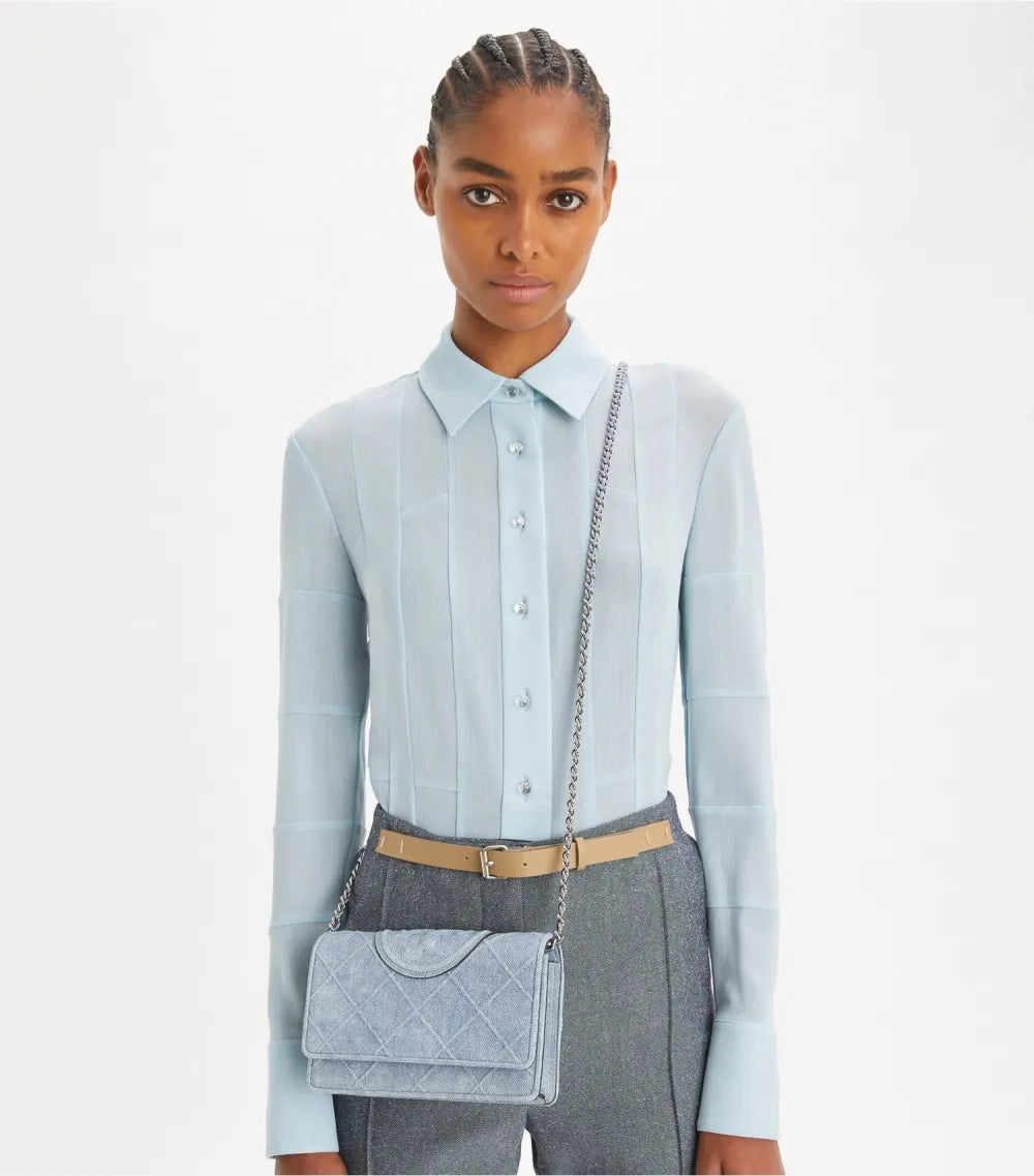 Fleming Denim-Print Suede Crossbody