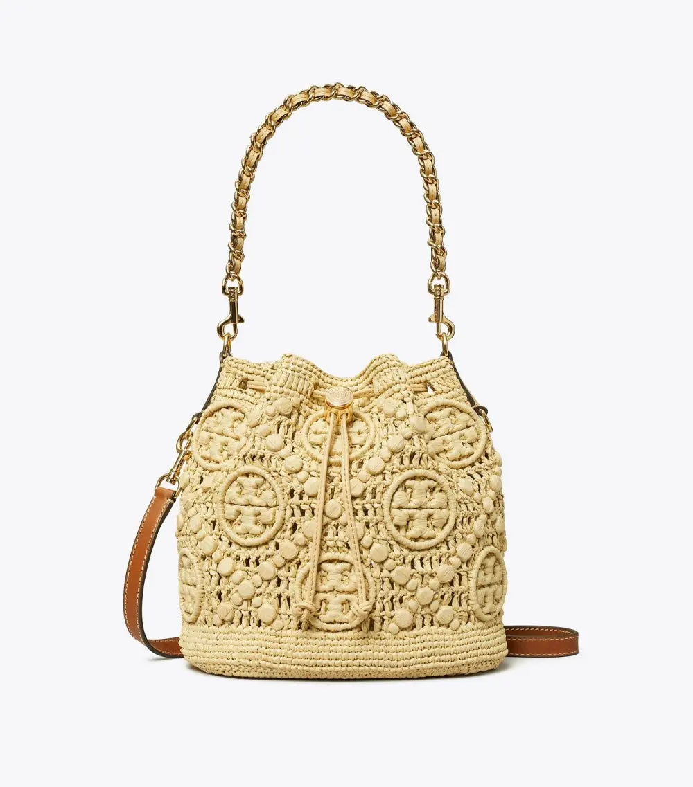 T Monogram Raffia Bucket Bag